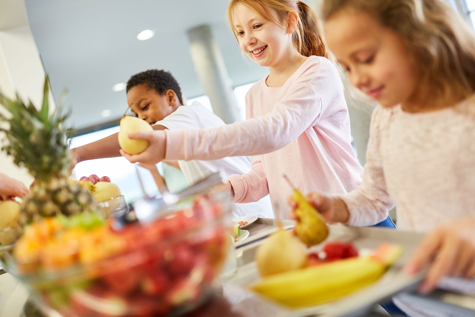 Das Foto zeigt lachende und glückliche Kinder an einem Buffet, die sich frisches Obst und Gemüse selbst auf Ihre Teller legen und dient der Veranschaulichung zum Catering Equipment an Kitas und Schulen mit Fokus auf dem Cook and Chill Verfahren.