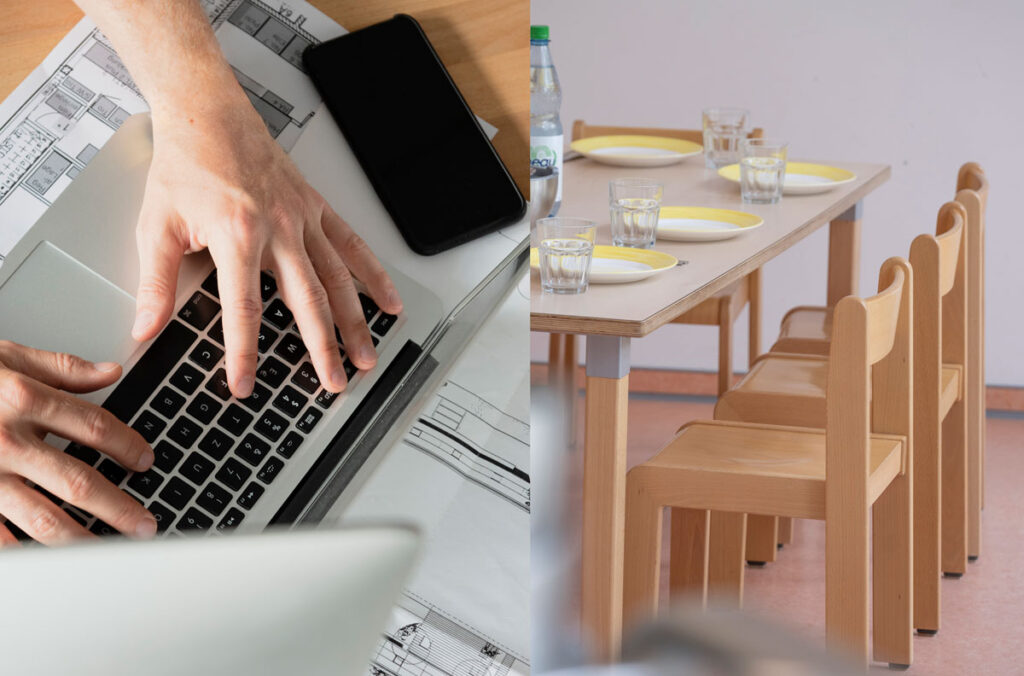 Person plant Schulverpflegung am Laptop, daneben ein gedeckter Kindertisch – Symbolbild für Organisation von Mittagessen an Schulen.