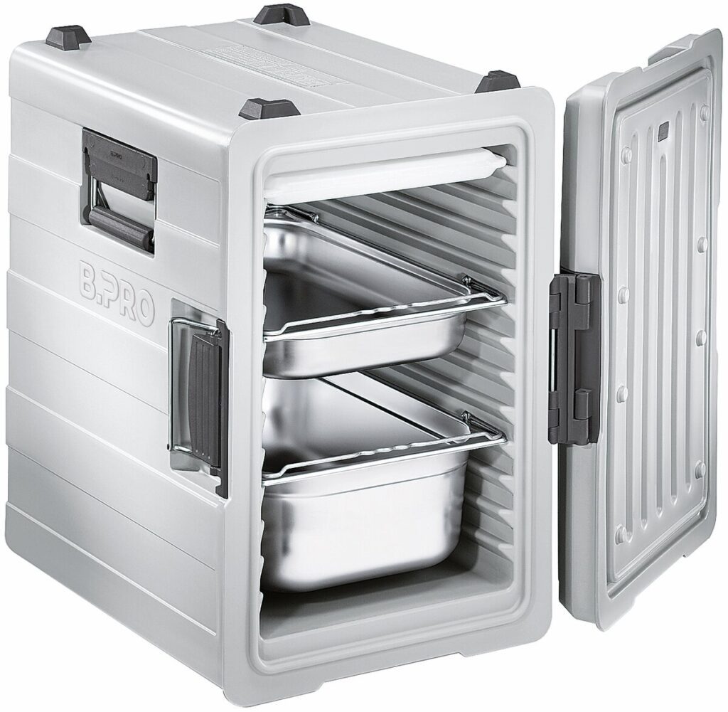 Geöffneter B.PROTHERM-K-Behälter mit eingesetzter eutektischer Kühlplatte und Gastronorm-Behältern.