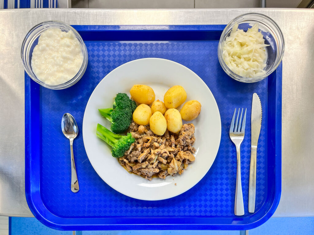 Fertiges Schulessen mit Kartoffeln, Gemüse und Beilage auf einem blauen Tablett