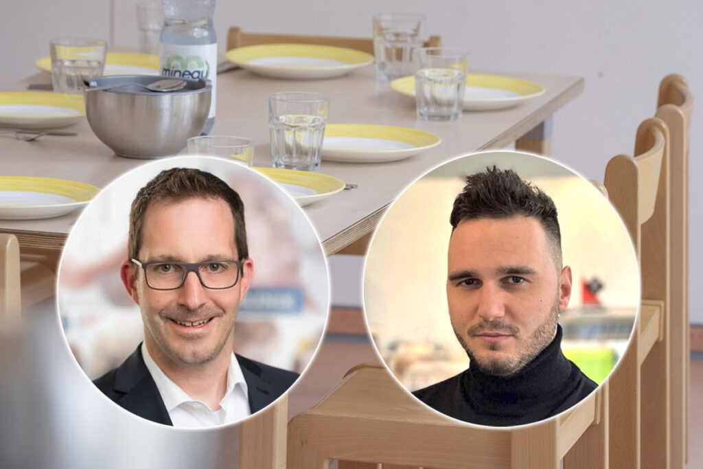 Patrick Hilpp und Stefan Mühlbauer von JUNIOR SERVE vor gedecktem Tisch als Ansprechpartner für Schulverpflegung ohne Küche