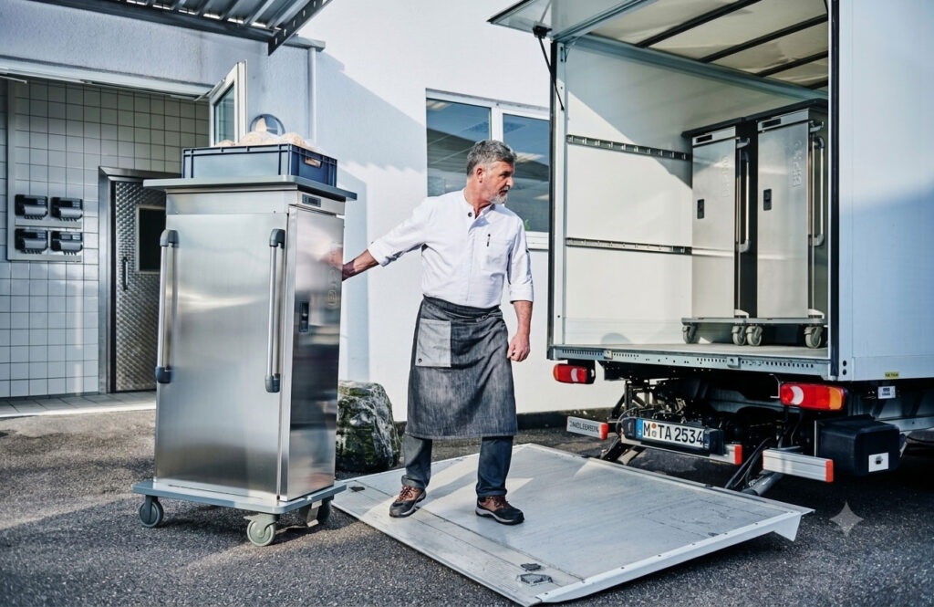 Caterer von Junior-Serve belädt an einer Hebebühne eines Lieferwagens einen Edelstahl-Speisentransportwagen vor einer Kita.