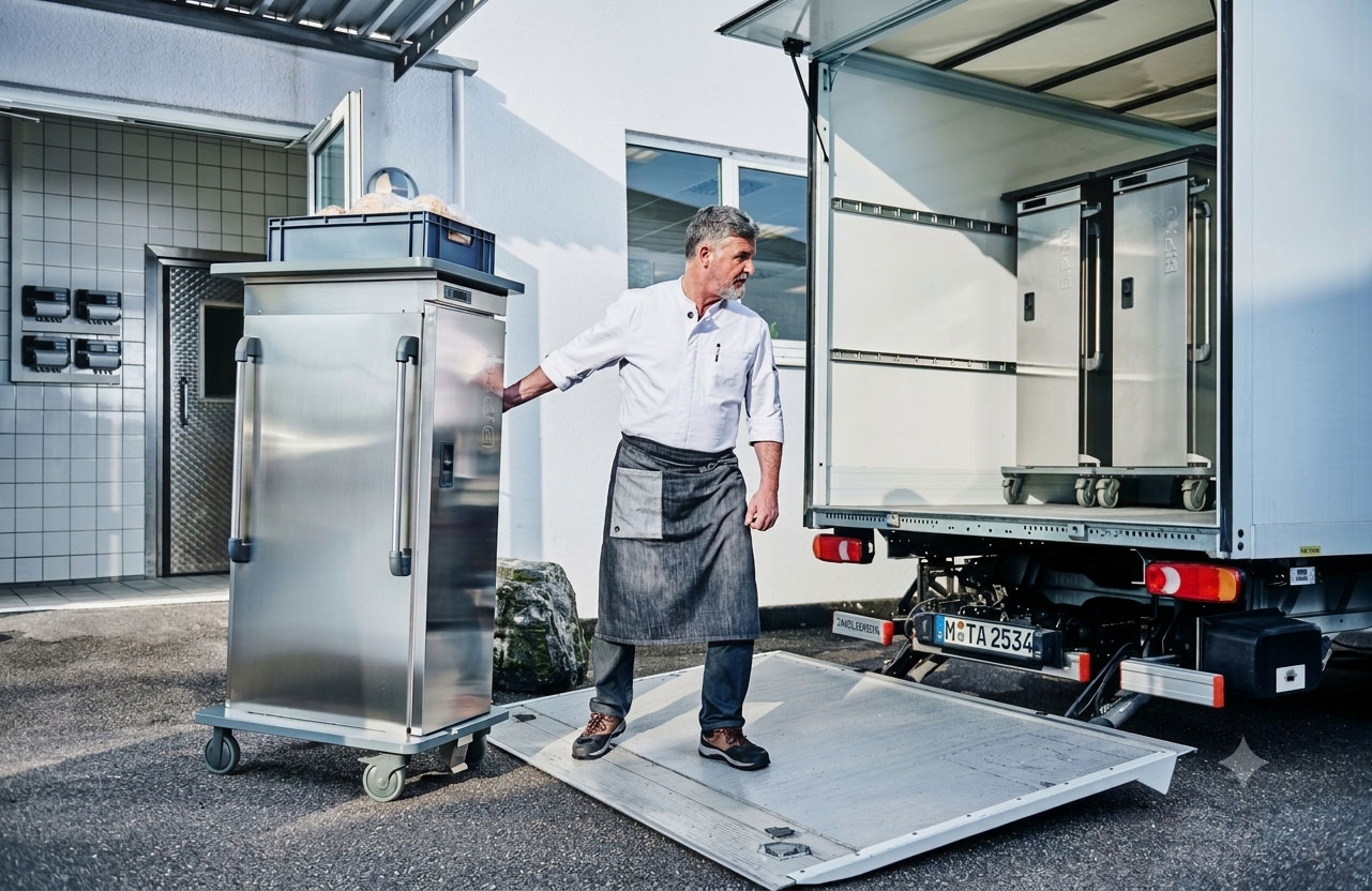 Caterer von Junior-Serve belädt an einer Hebebühne eines Lieferwagens einen Edelstahl-Speisentransportwagen vor einer Kita.